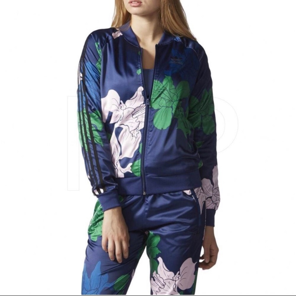 adidas Navy Floral Track Jacket with Green and Pink Accents